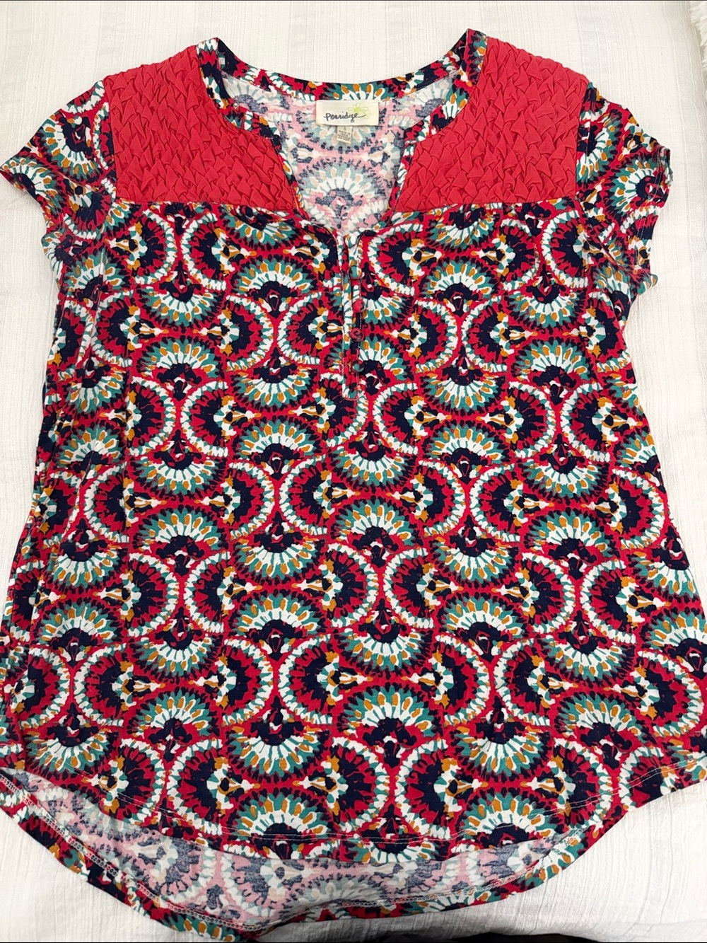 Anthropologie Porridge Red Patterned Short-Sleeve Blouse with Textured Yoke